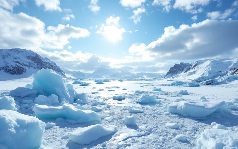 vue-spectaculaire-de-paysages-glaciaires-en-islande-avec-des-glaciers-majestueux-des-icebergs-reflechissant-la-lumiere-du-soleil-et-un-ciel-bleu-lumineux-parseme-de-nuages-blancs